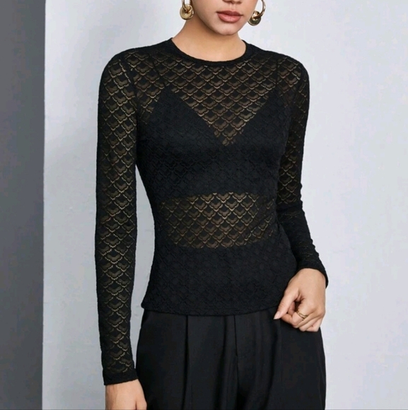 Women Black Hollow Out Lace Blouse, Elastic Crew Neck Ladies Long Sleeve Top - Picture 2 of 4